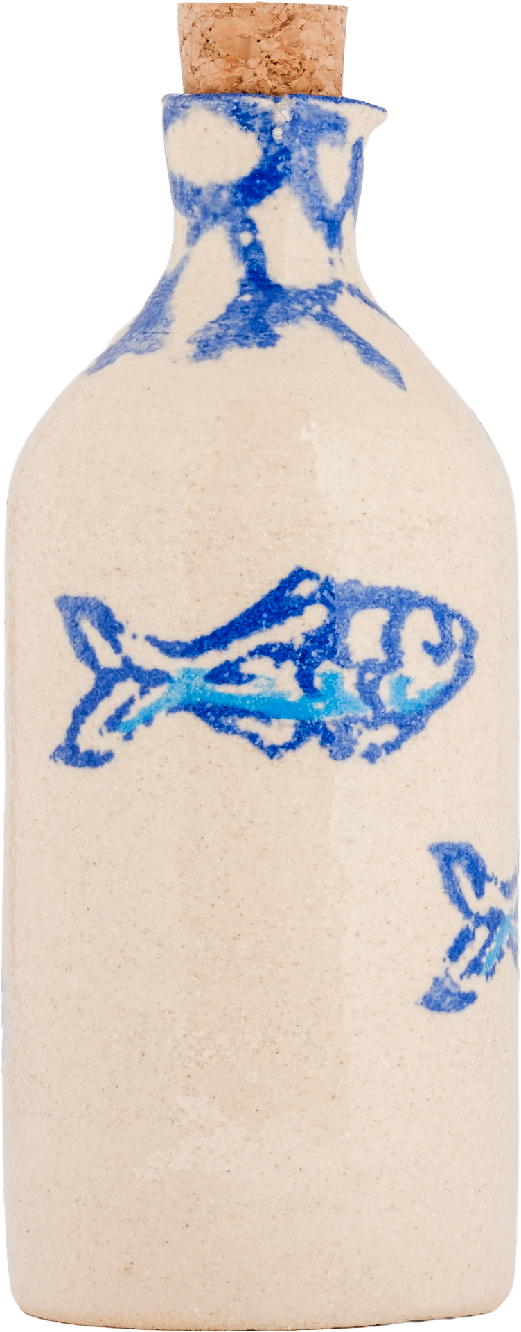 Handcrafted ceramic bottle with blue fish design